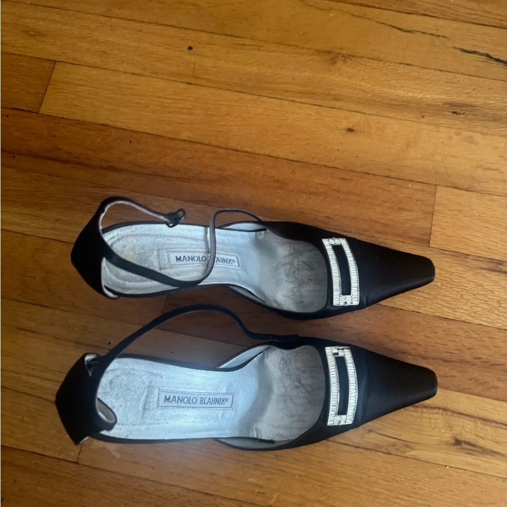 Manolo Blahnik Black Satin Slingback Pumps with Crystal Accent
